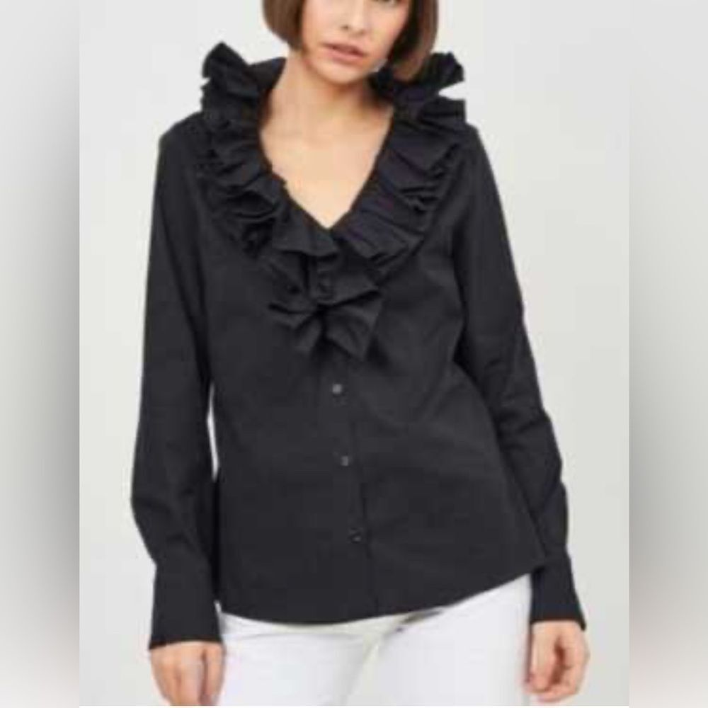 Zara Black Pleated Ruffle Neckline Poplin Shirt, NWT size S